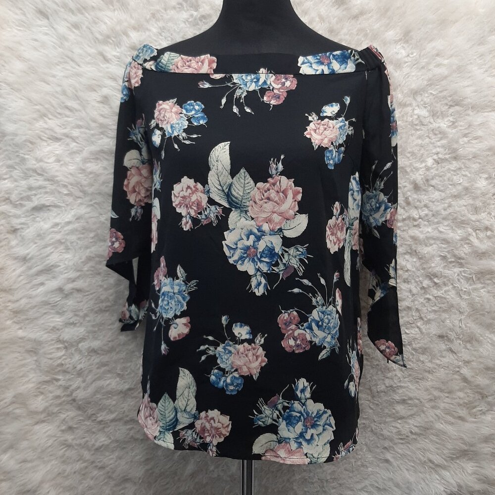 Monteau Women's Black and Floral Print Sheer Tops 3/4 Off Shoulder Blouse Size L